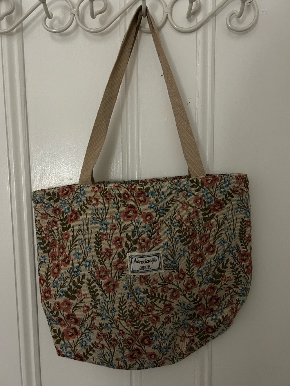 Floral Tapestry Tote Bag - Beige with Multicolor Floral Print